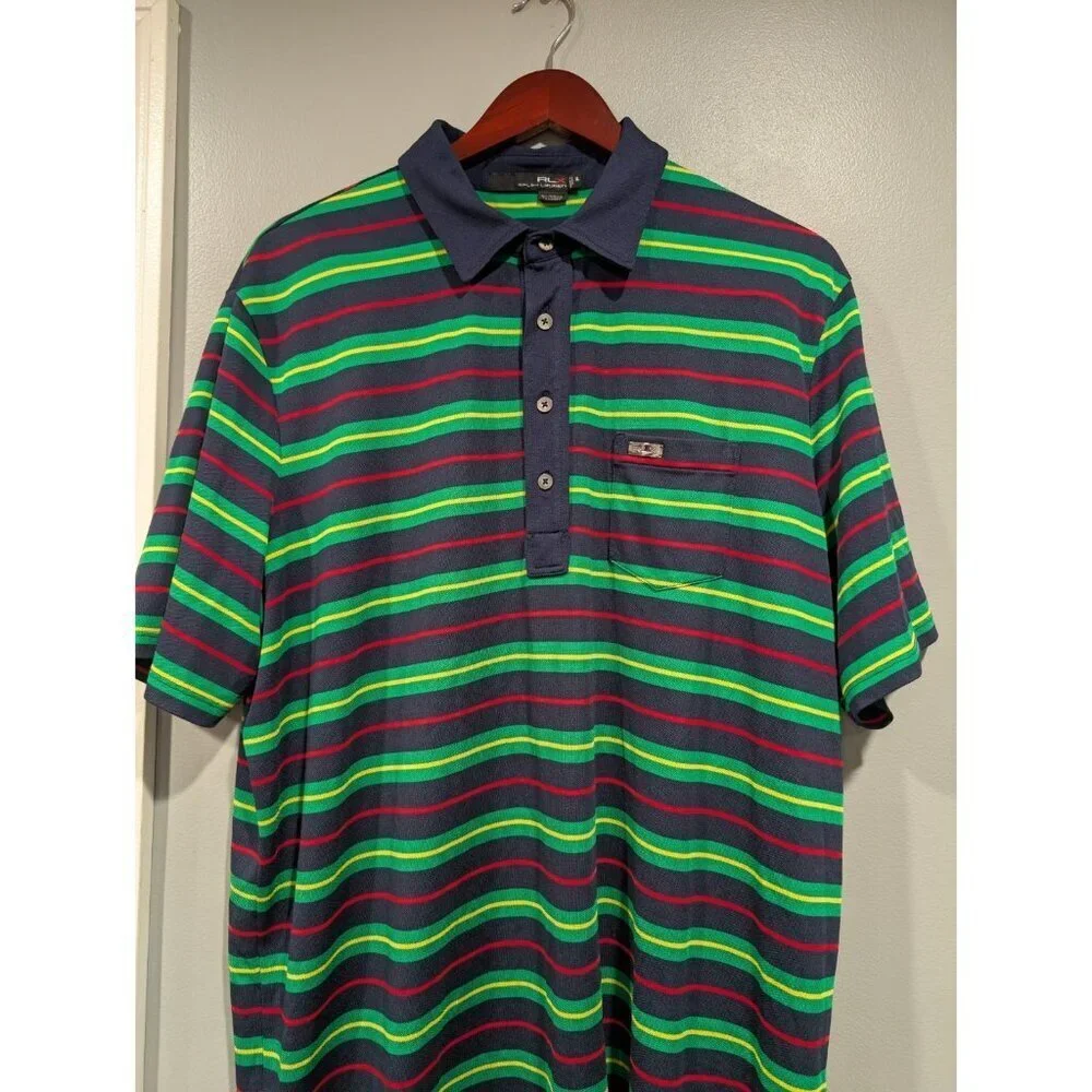 Ralph Lauren Mens Green Navy Striped Polo Shirt Size XL Collared Buttons